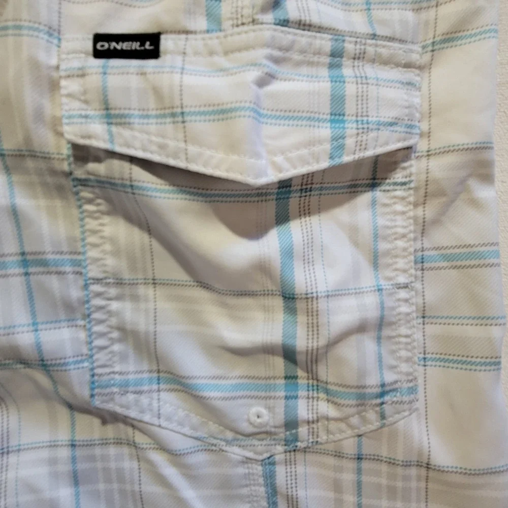 O'Neill Board Shorts Mens 34 White Blue Plaid Cargo Pocket Surf Beach Quick Dry